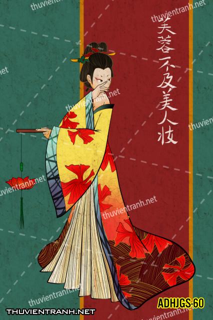 Tranh dán tường Cô gái  Nhật Bản mặc kimono, tranh minh họa cô gái Nhật Bản xưa -ADHJGS-60 - Tranh tường chất lượng cao